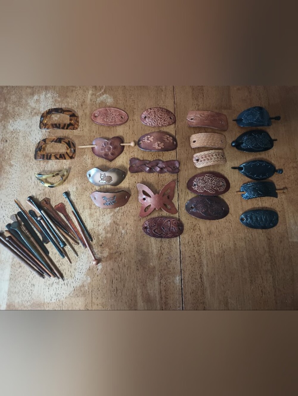 Large Lot Vintage Leather Tooled Hair Barrettes W/Wooden Sticks + Some Acrylic